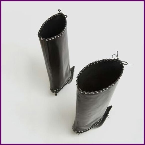 Metal Eyelet Pointed Toe Knee High Boots Wide Calf Kitten Heel Lace Up - Picture 8 of 8